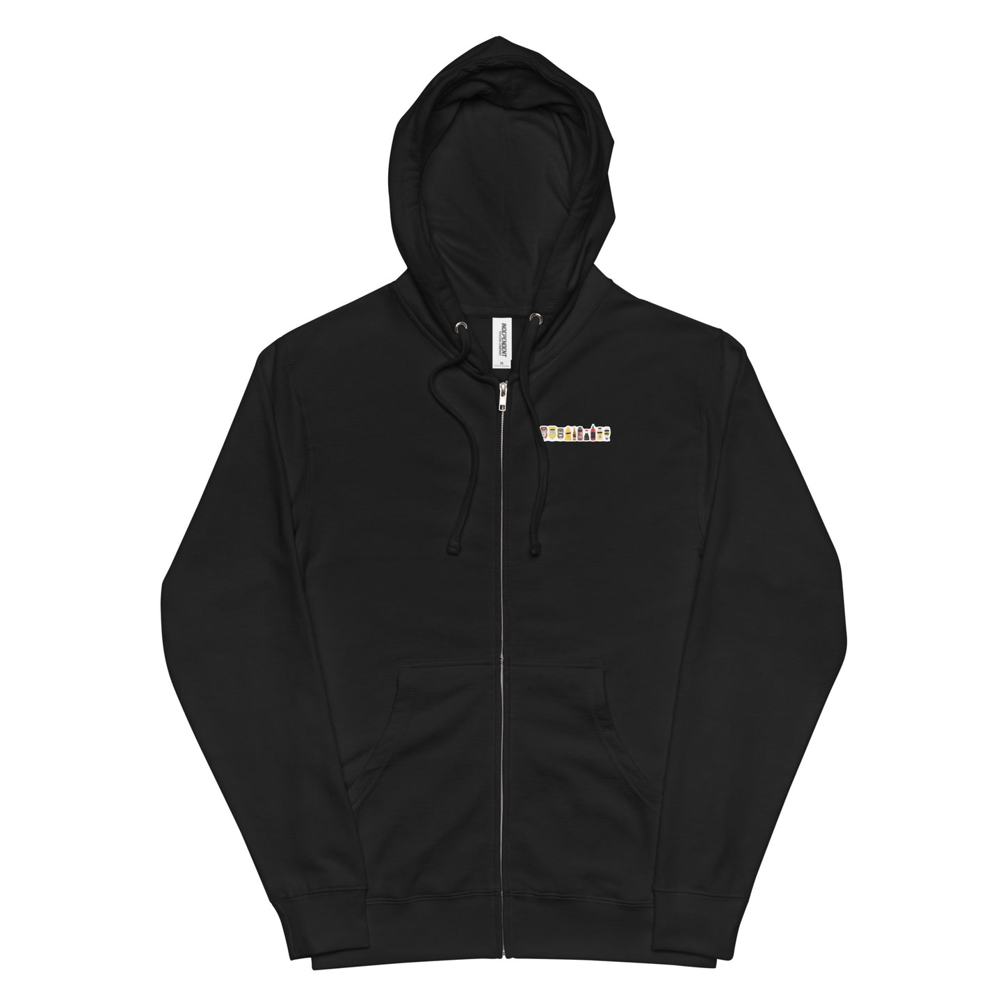 Front of Black FPOTBD zip hoodie laid flat showing full Censored Condiments 2.0 bottles graphic.