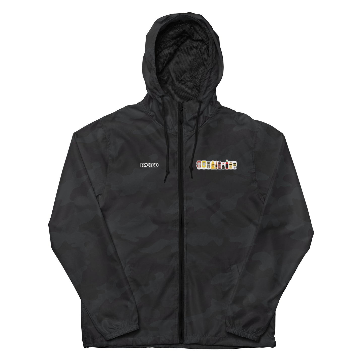 FPOTBD Censored Condiments 2.0 Lighweight Windbreaker Jacket in Black Camo front.