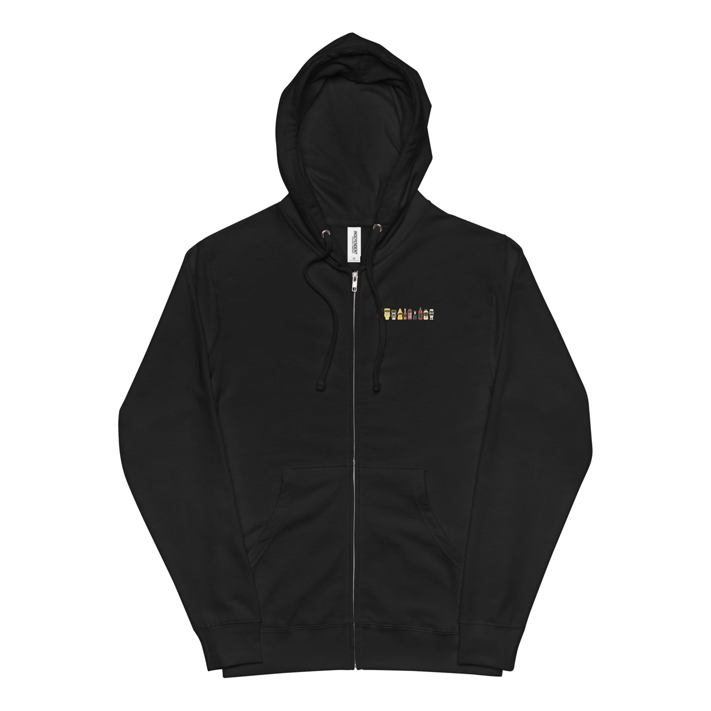 Black FPOTBD Censored Condiments zip-up hoodie with condiment bottles graphic on the left chest.