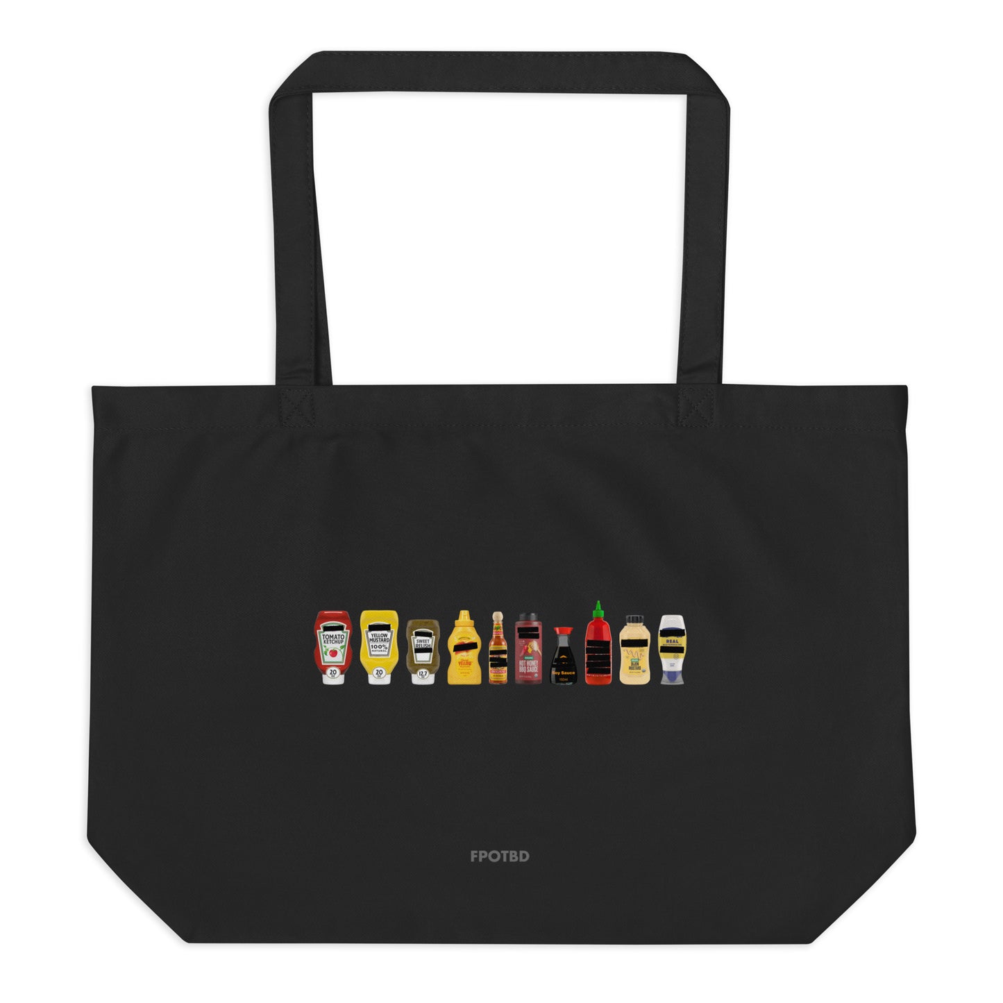 Black organic cotton tote bag with condiment bottles graphic and FPOTBD logo text.