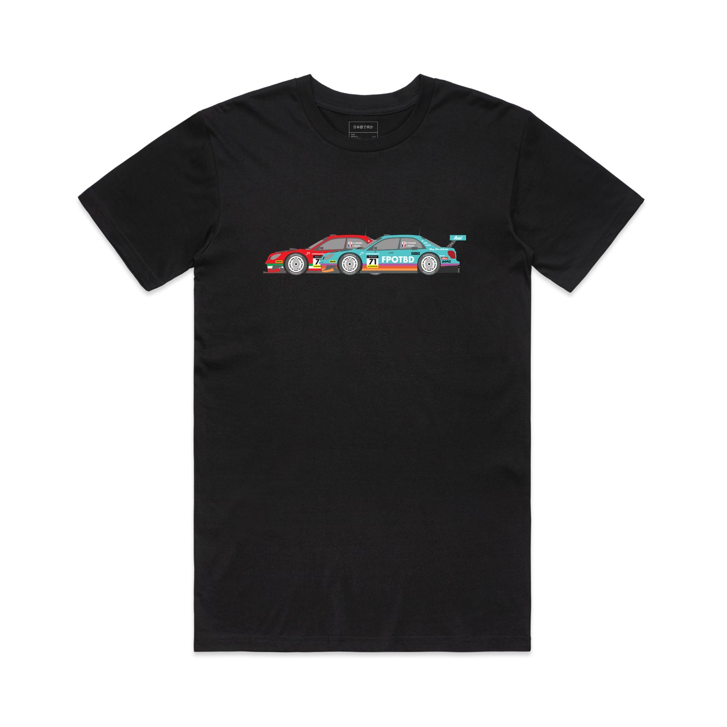 Front view of the FPOTBD GT300 WRX Red and Teal full color livery short sleeved AS Colour cotton T-Shirt in Black.