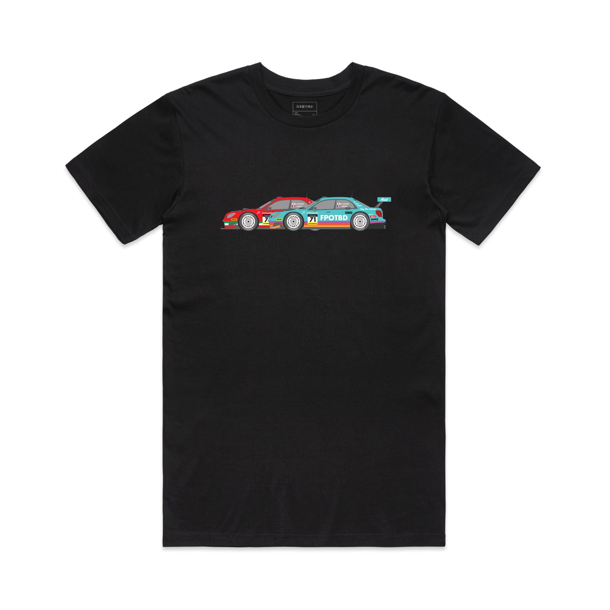 Front view of the FPOTBD GT300 WRX Red and Teal full color livery short sleeved AS Colour cotton T-Shirt in Black.