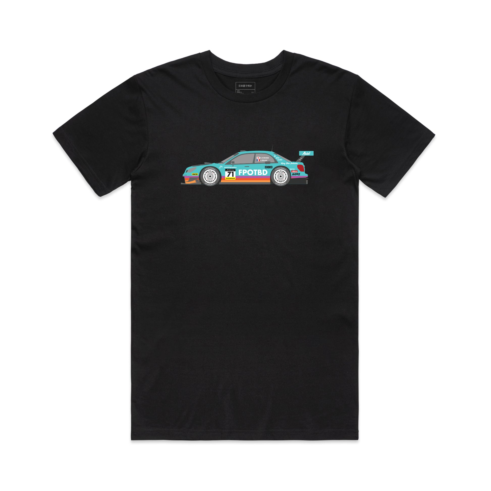 Front view of the FPOTBD GT300 WRX Teal full color livery short sleeved AS Colour cotton T-Shirt in Black.