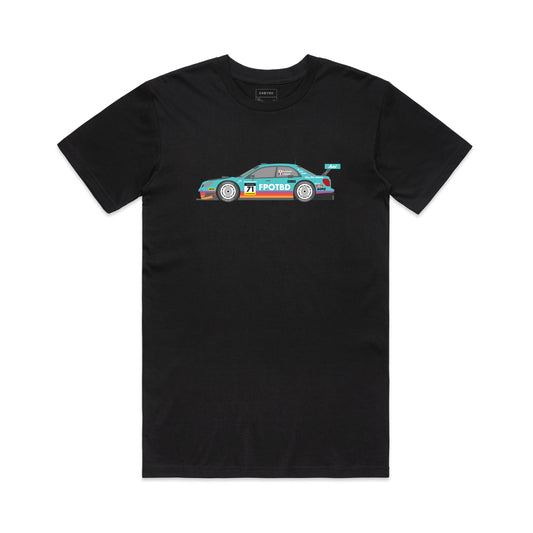 Front view of the FPOTBD GT300 WRX Teal full color livery short sleeved AS Colour cotton T-Shirt in Black.