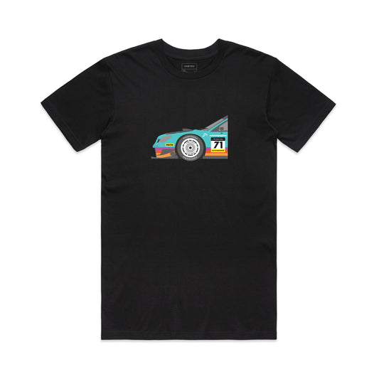 Front view of the FPOTBD GT300 WRX Teal full color livery Front Nose Detail short sleeved AS Colour cotton T-Shirt in Black.