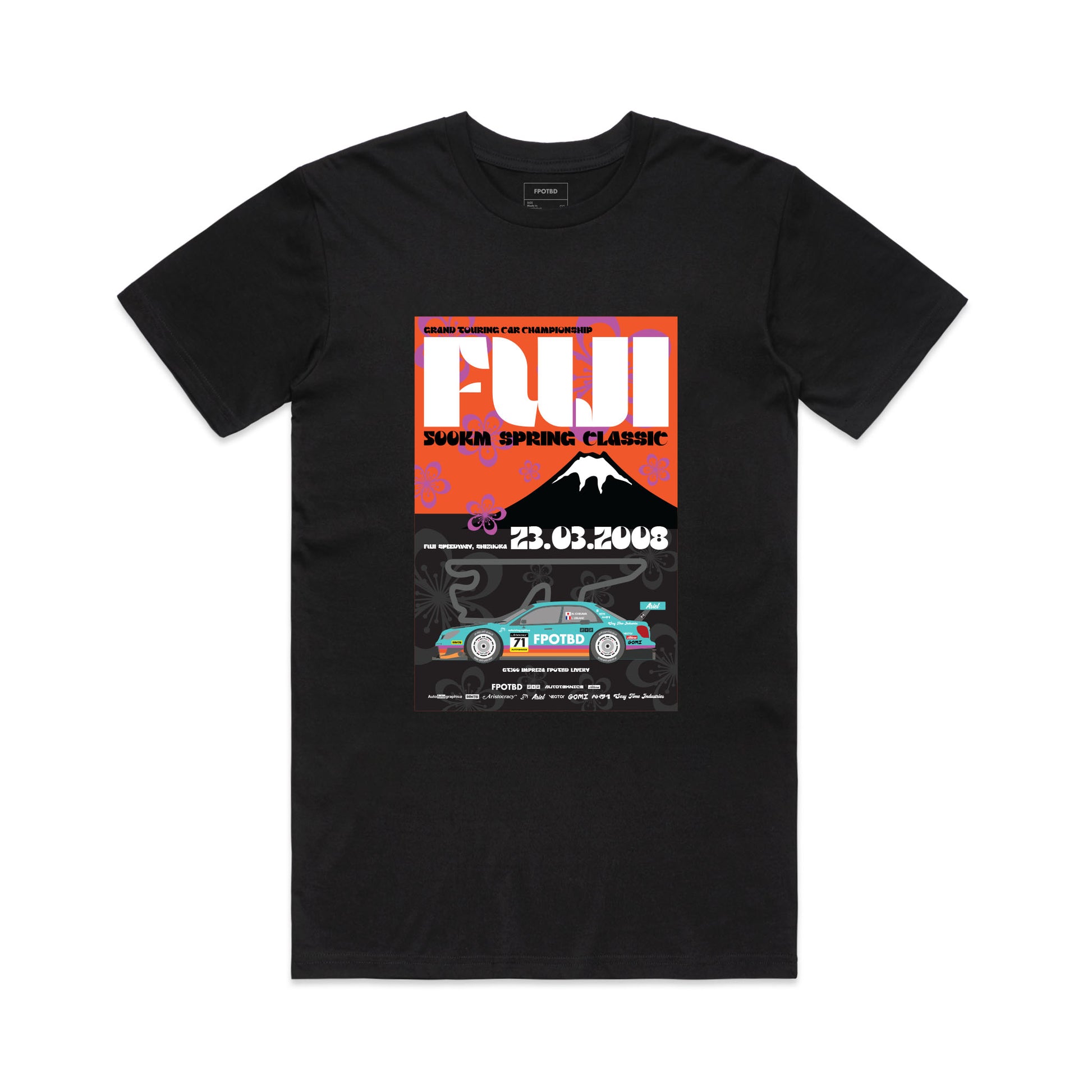 Front view of the FPOTBD 2008 Fuji 500km Spring Classic Race Poster short sleeved AS Colour cotton T-Shirt in Black.