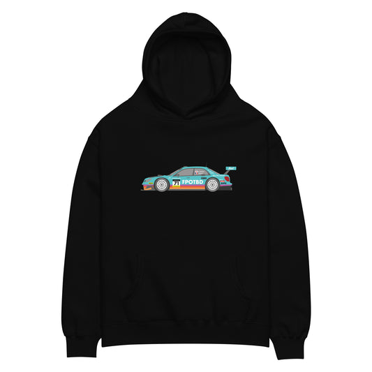 Front view of the FPOTBD GT300 WRX STI Teal full color livery pullover hoodie in Black.