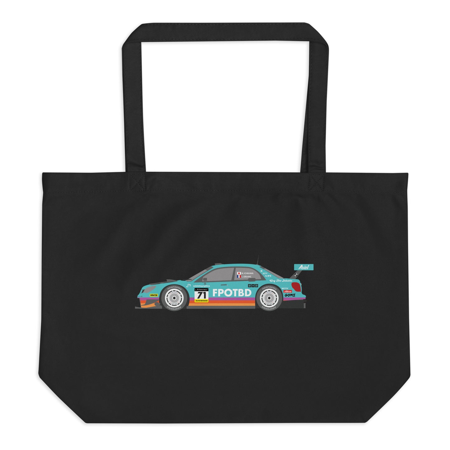Front view of the 2008 GT300 WRX FPOTBD Teal Livery livery large organic tote bag in Black.
