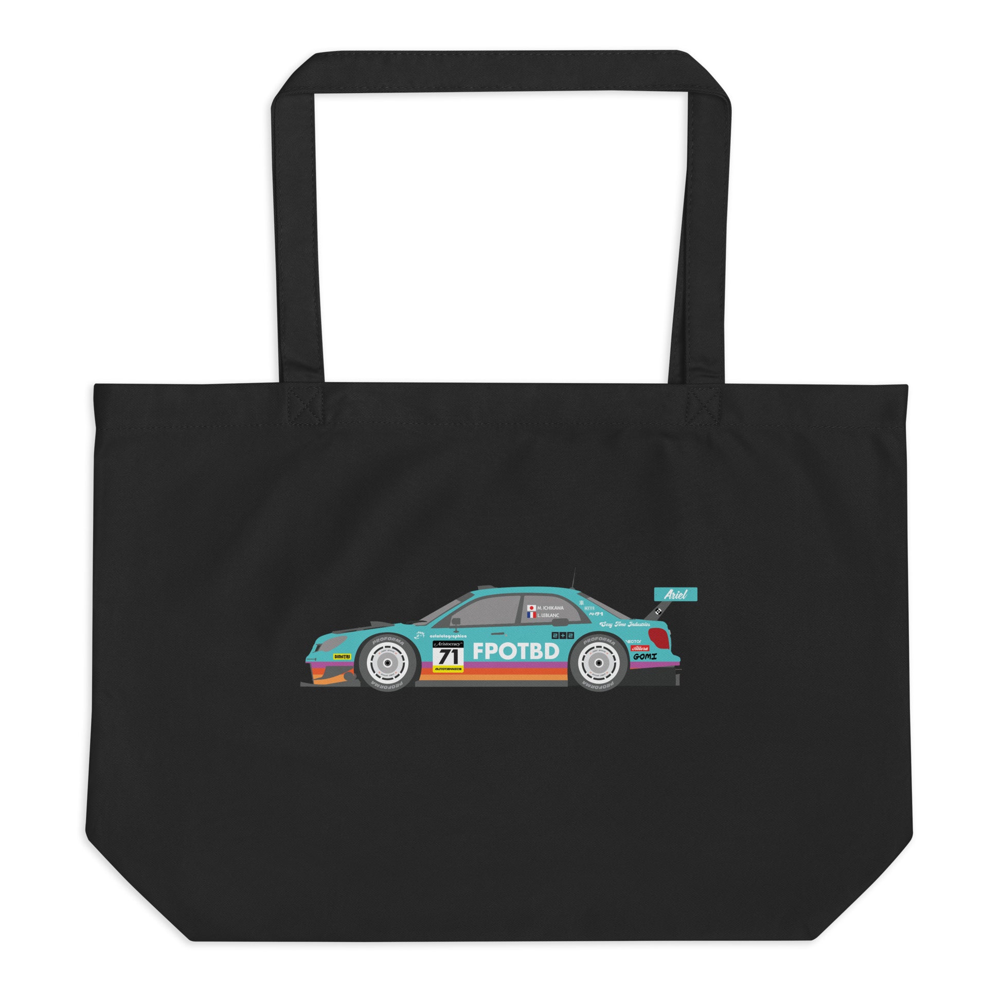 Front view of the 2008 GT300 WRX FPOTBD Teal Livery livery large organic tote bag in Black.