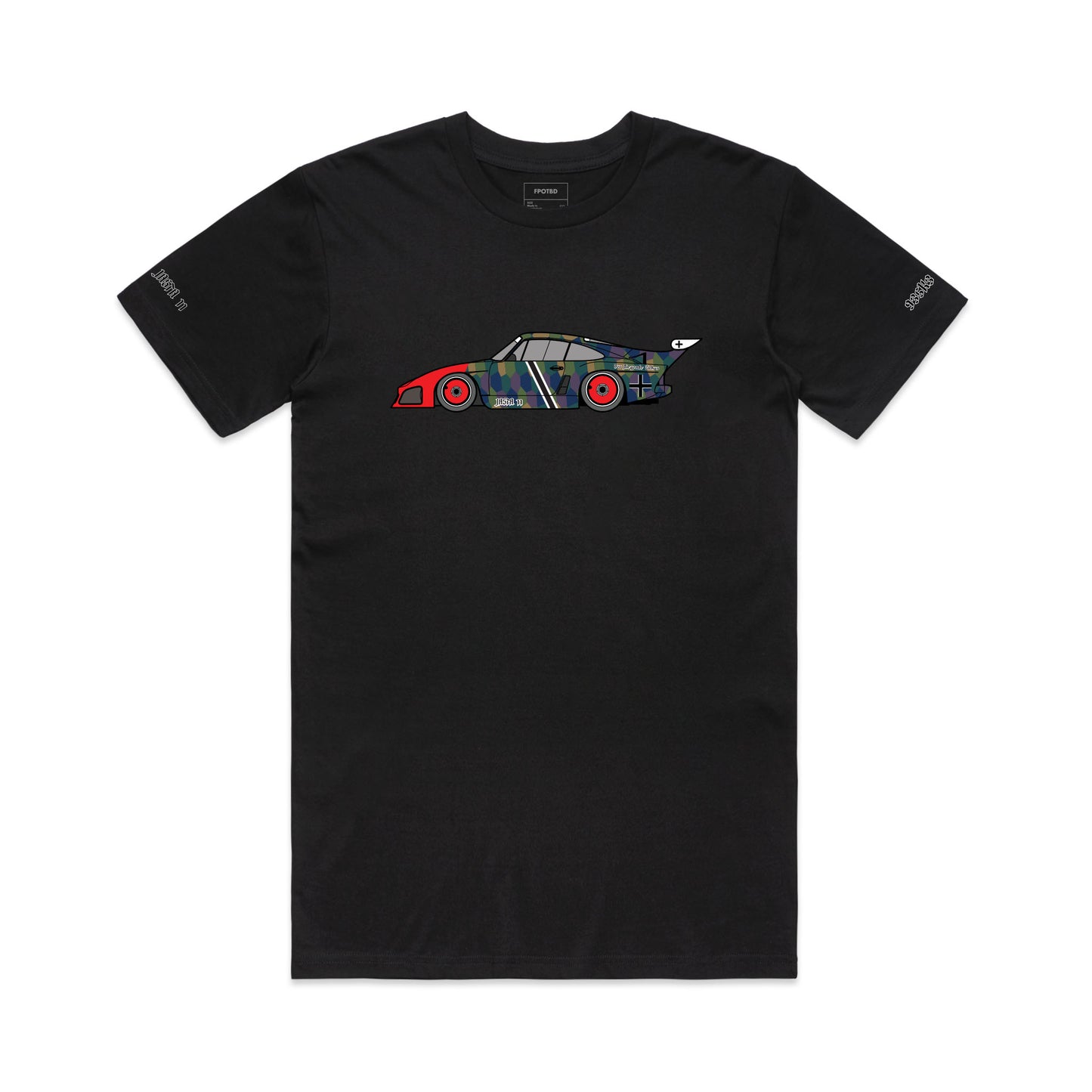 Front view of the FPOTBD 935 in tribute lozenge camouflage livery inspired by the iconic Jasta 11 "Flying Circus" machines of the past graphic illustration on a Black short sleeved AS Colour cotton T-Shirt.
