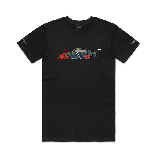 Front view of the FPOTBD 935 in tribute lozenge camouflage livery inspired by the iconic Jasta 11 "Flying Circus" machines of the past graphic illustration on a Black short sleeved AS Colour cotton T-Shirt.