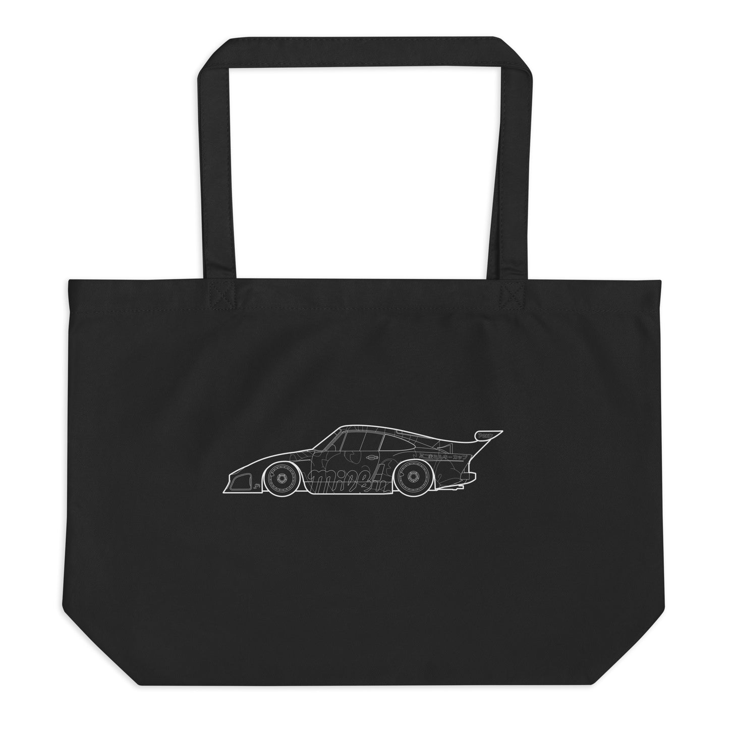 Front view of the FPOTBD 935 K3 Peko White Lines Edition livery large organic tote bag in Black.