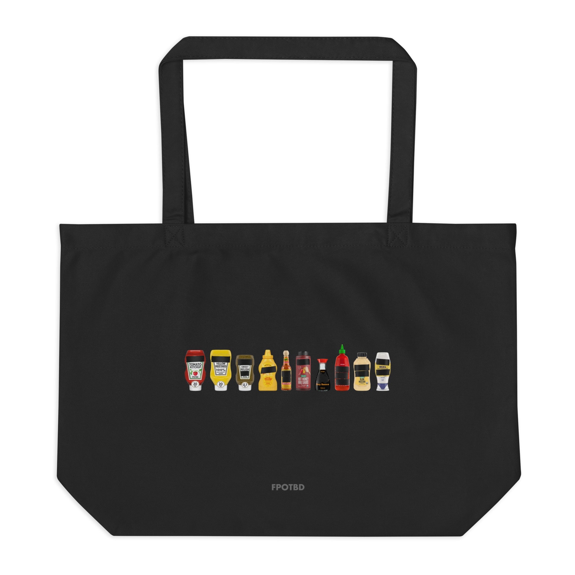 Black organic cotton tote bag with Censored Condiments 1.0 bottles graphic and FPOTBD logo text.