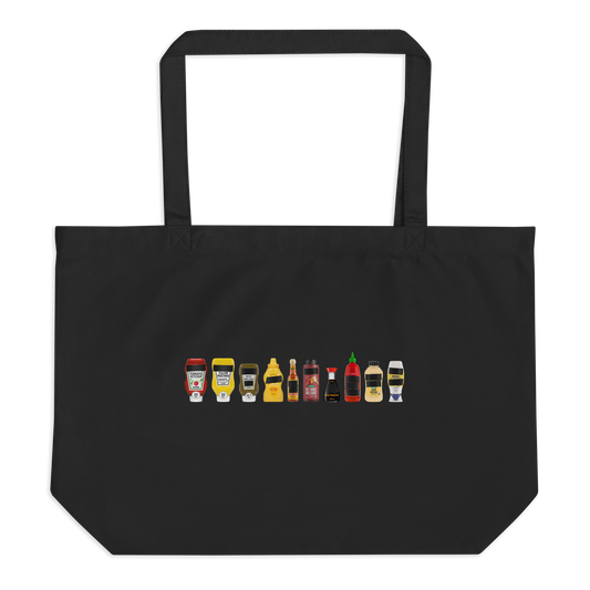 Black organic cotton tote bag with FPOTBD Censored Condiments 1.0 bottles graphic print.