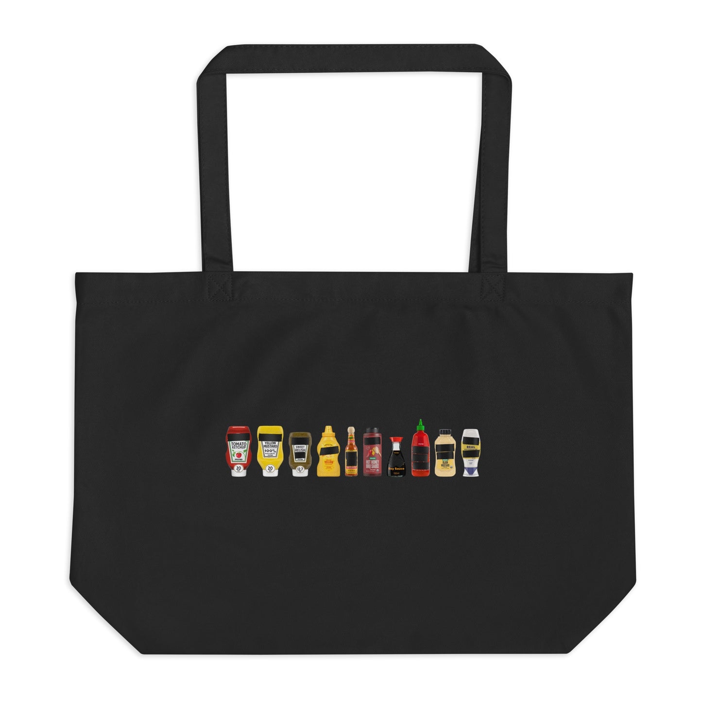 Black organic cotton tote bag with FPOTBD Censored Condiments 1.0 bottles graphic print.