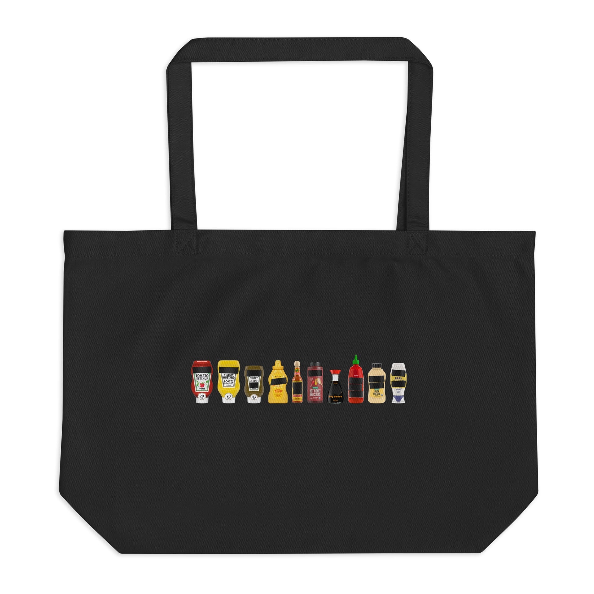 Black organic cotton tote bag with FPOTBD Censored Condiments 1.0 bottles graphic print.