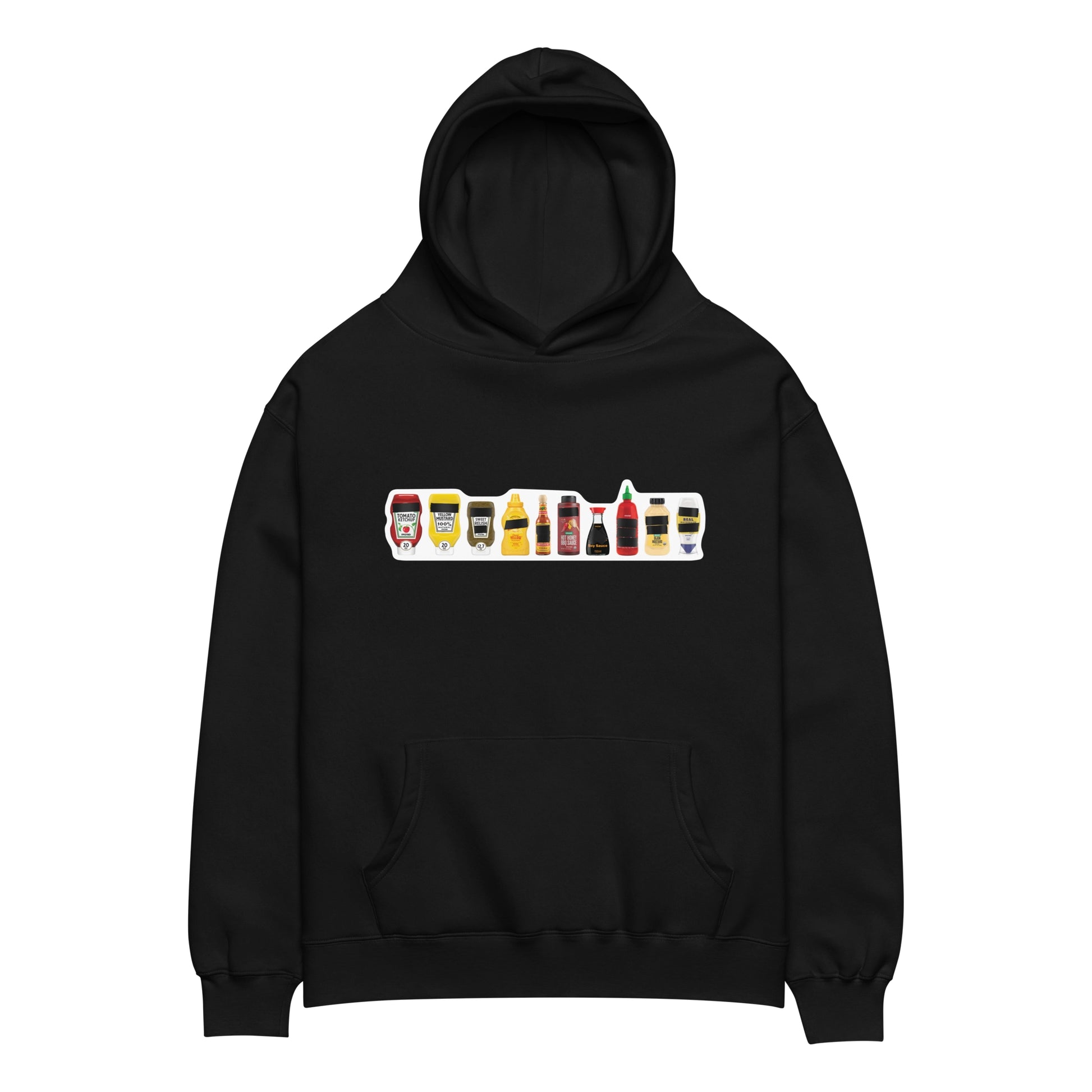 FPOTBD Black oversized pullover hoodie with Censored Condiments 2.0 bottles graphic print on chest.