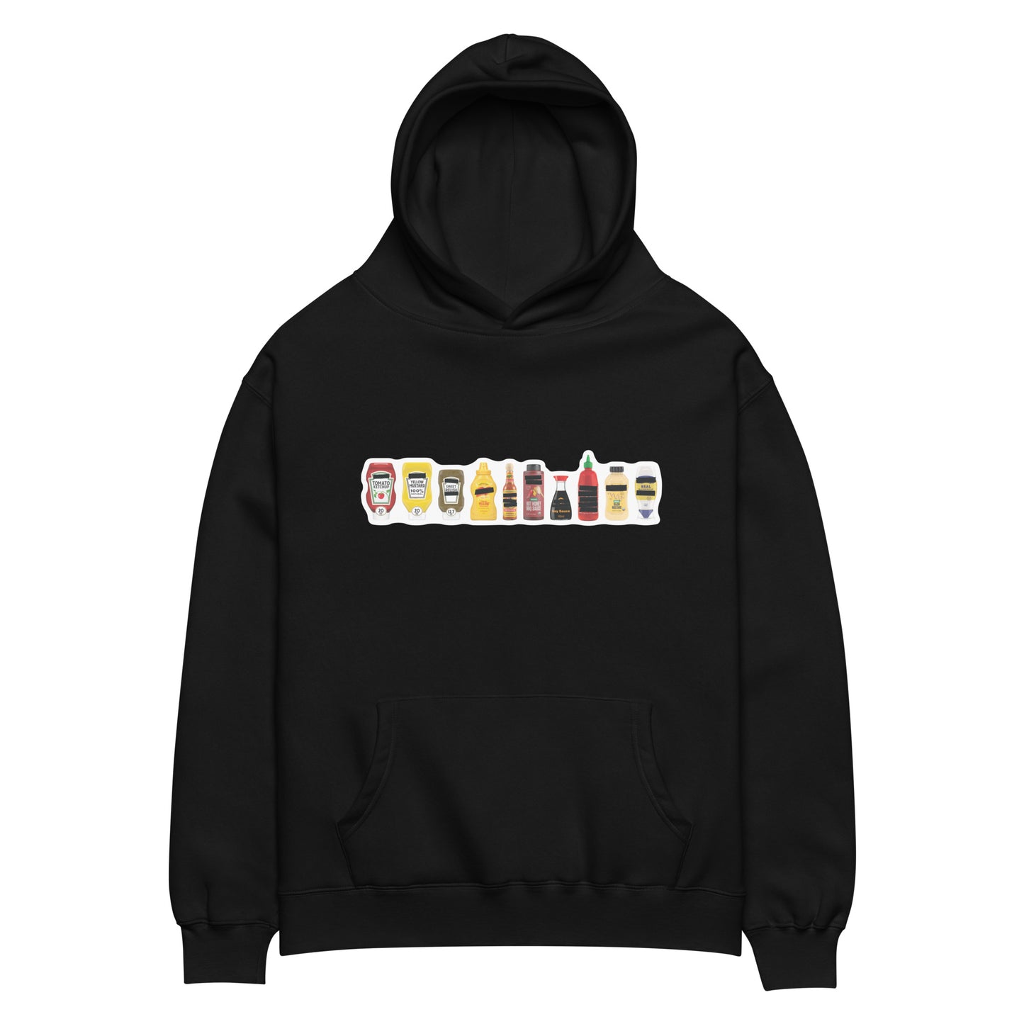 Black oversized FPOTBD pullover hoodie with Censored Condiments 2.0 bottles graphic print on chest.