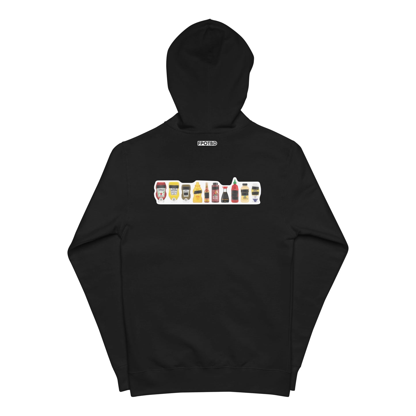 Back of Black FPOTBD zip hoodie laid flat showing full Censored Condiments 2.0 bottles graphic and FPOTBD logo.