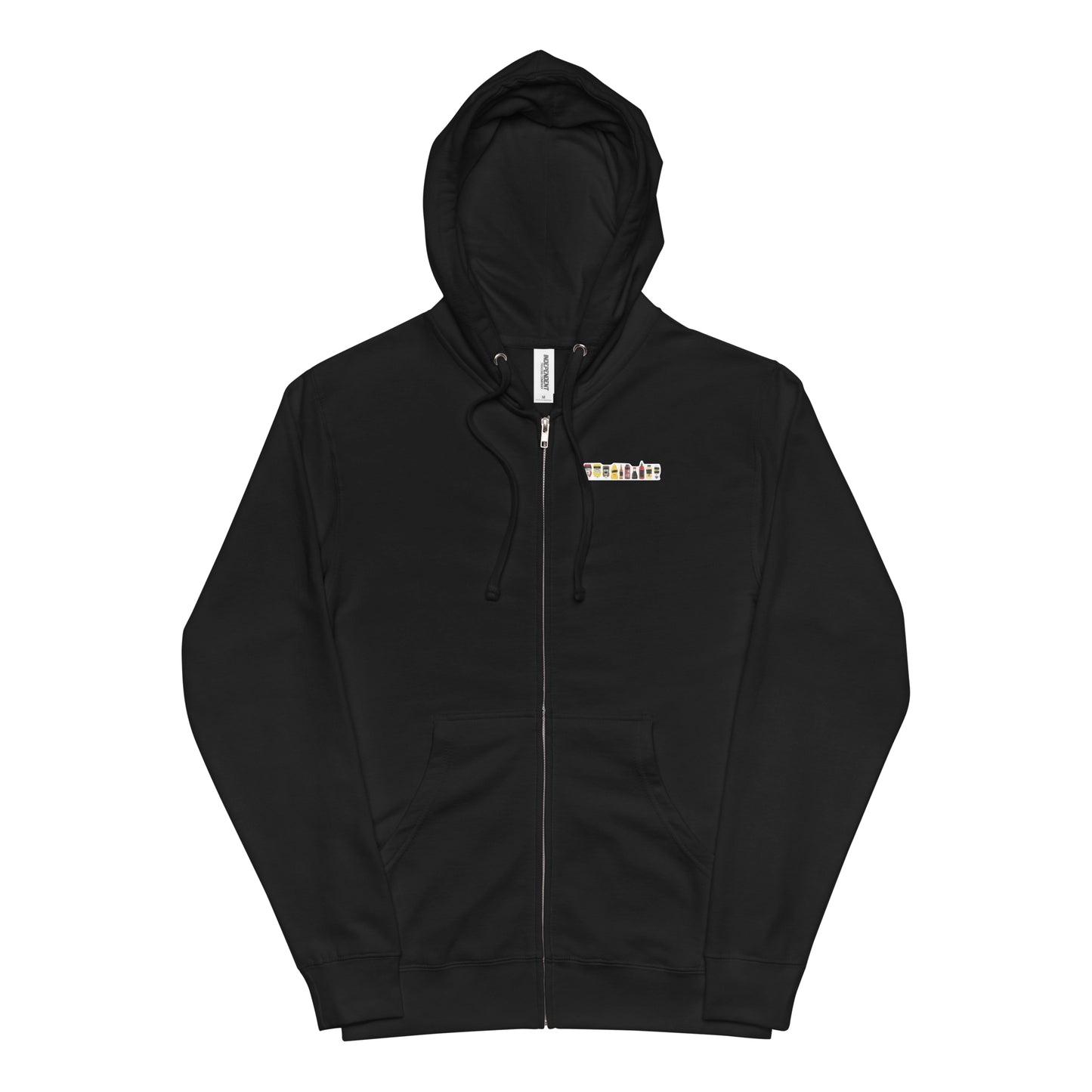 Front of Black FPOTBD zip hoodie laid flat showing full Censored Condiments 2.0 bottles graphic.