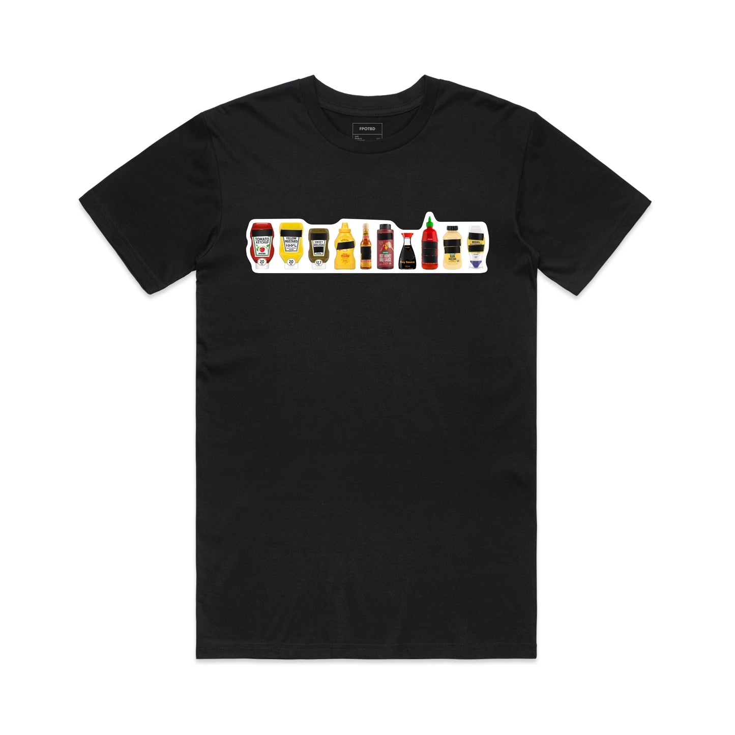 FPOTBD Black unisex crew neck t-shirt with Censored Condiments 2.0 bottles DTG graphic on chest.