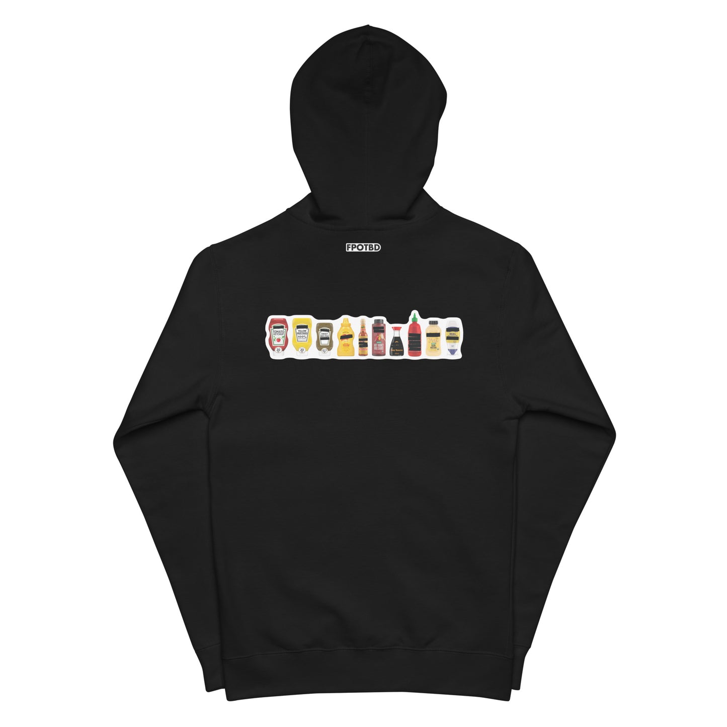Back of Black FPOTBD zip hoodie laid flat showing full Censored Condiments 2.0 bottles graphic and FPOTBD logo.