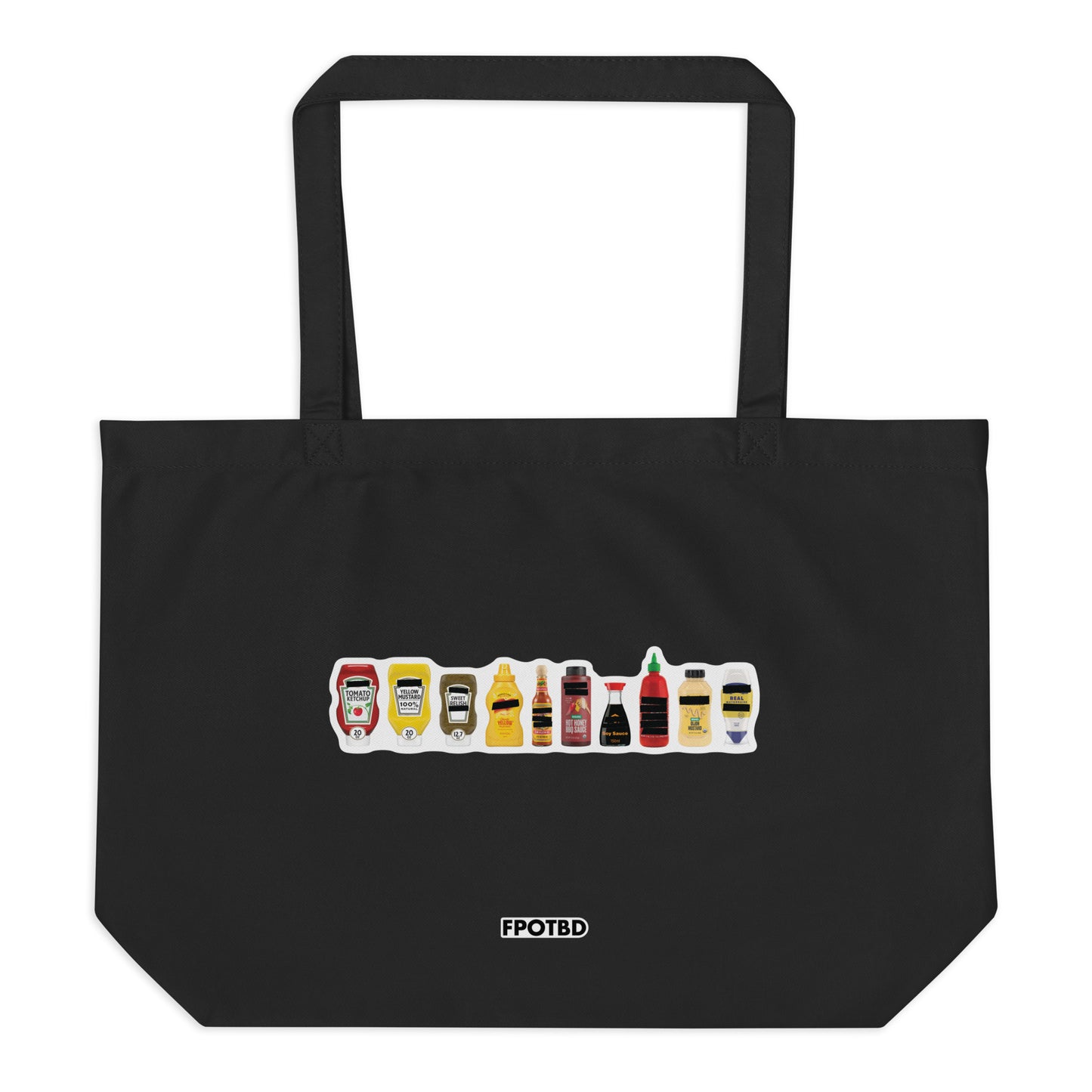 Black organic cotton tote bag with Censored Condiments 2.0 bottles graphic and FPOTBD logo text.