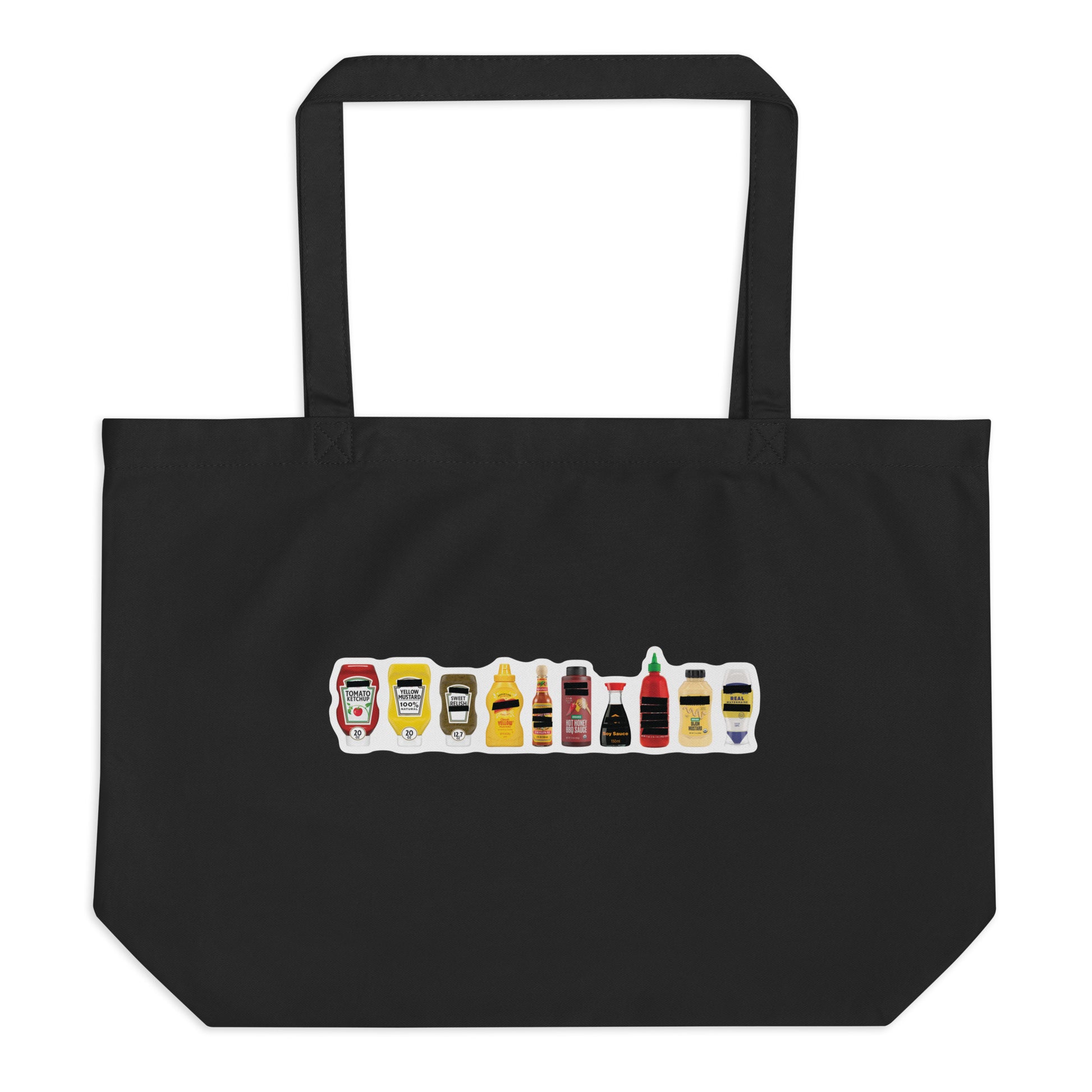 Black organic cotton tote bag with FPOTBD Censored Condiments 2.0 bottles graphic print.