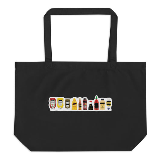 Black organic cotton tote bag with FPOTBD Censored Condiments 2.0 bottles graphic print.