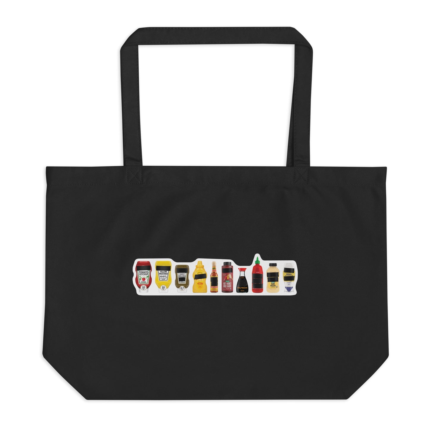 Black organic cotton tote bag with FPOTBD Censored Condiments 2.0 bottles graphic print.