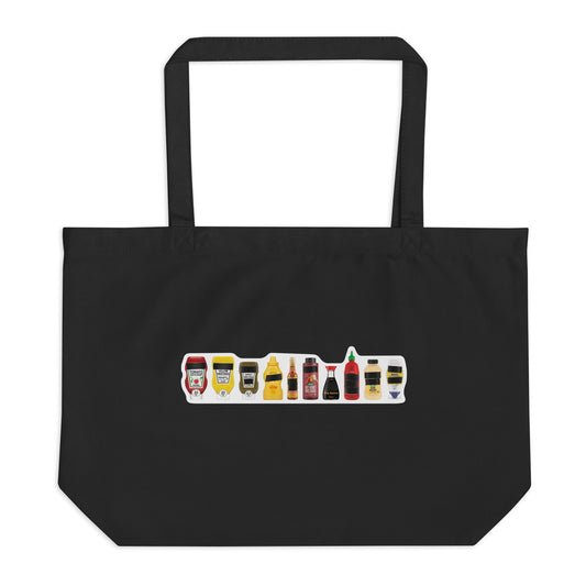 Black organic cotton tote bag with FPOTBD Censored Condiments 2.0 bottles graphic print.