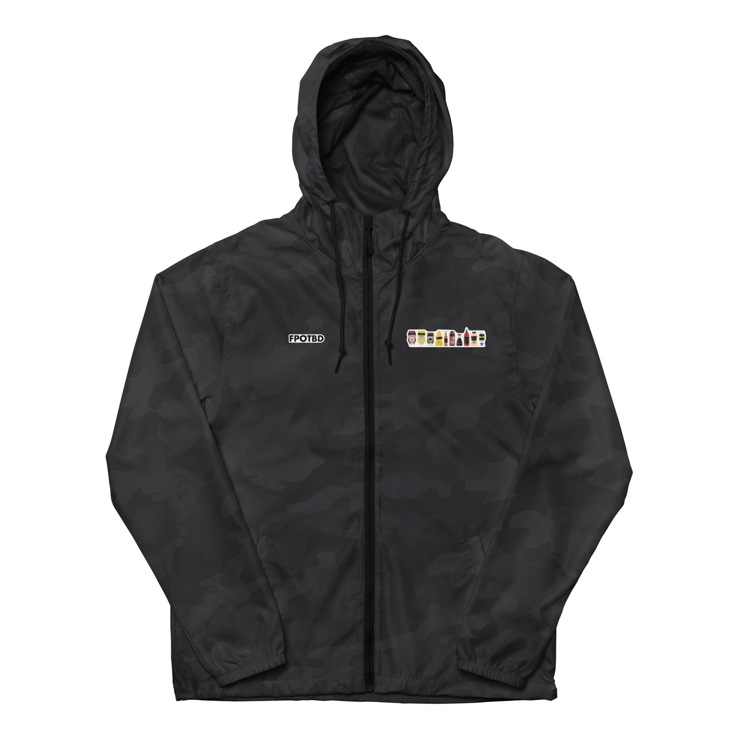 FPOTBD Censored Condiments 2.0 Lighweight Windbreaker Jacket in Black Camo front.