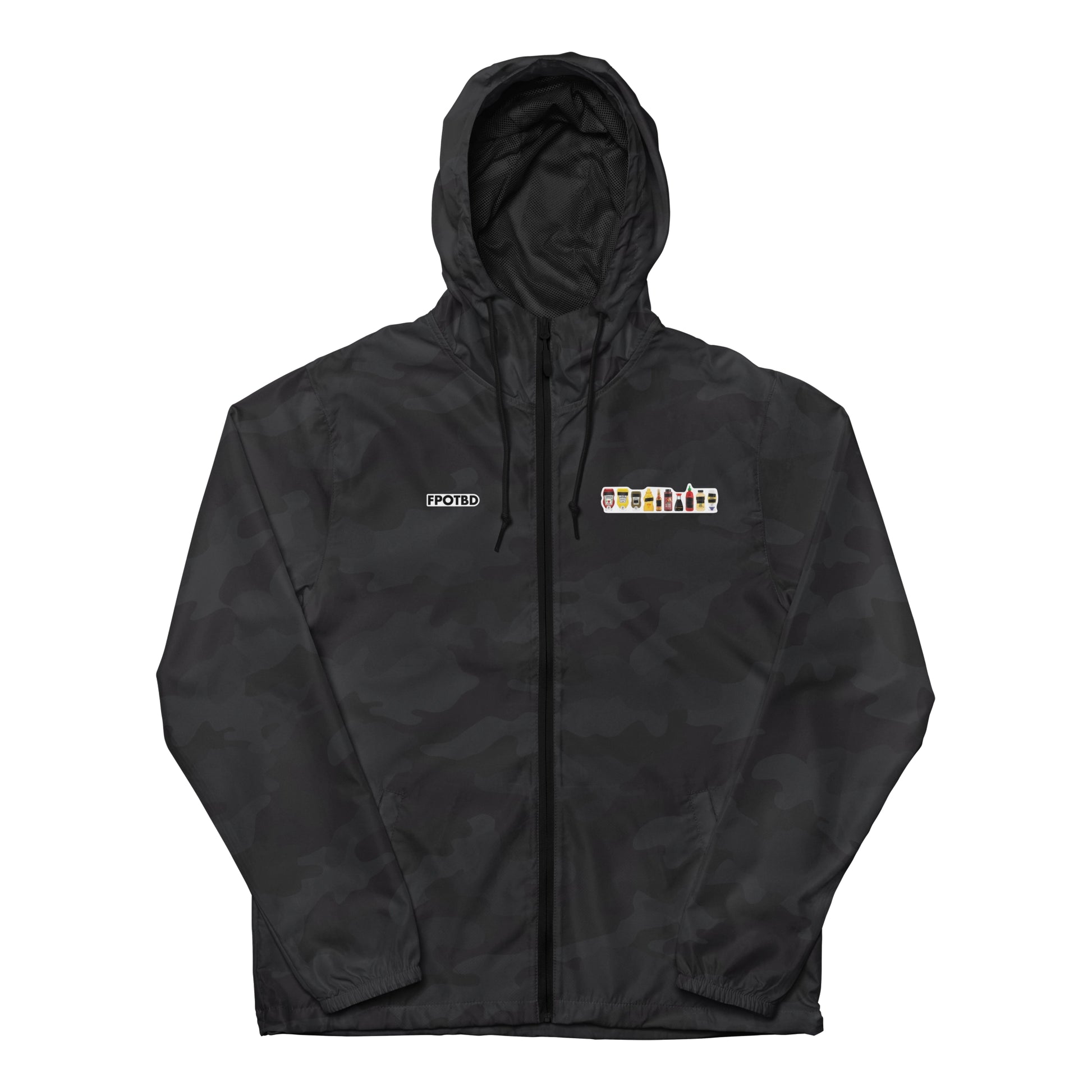 FPOTBD Censored Condiments 2.0 Lighweight Windbreaker Jacket in Black Camo front.