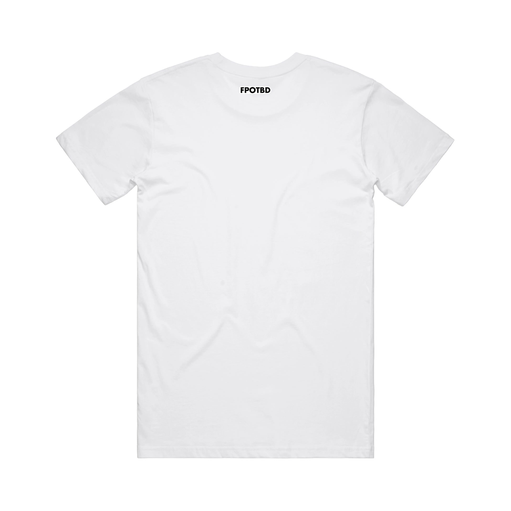 Back view of White FPOTBD premium cotton t-shirt.