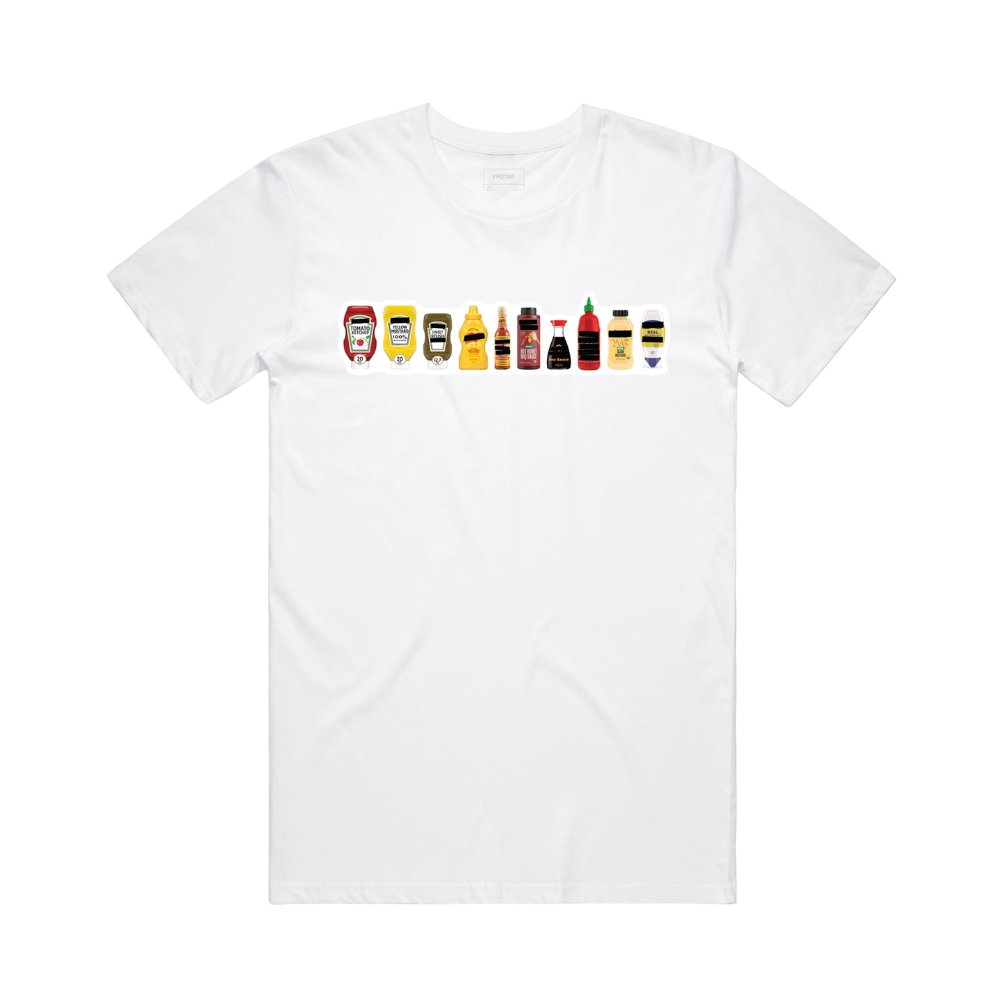 FPOTBD White unisex crew neck t-shirt with Censored Condiments 2.0 bottles graphic on chest.