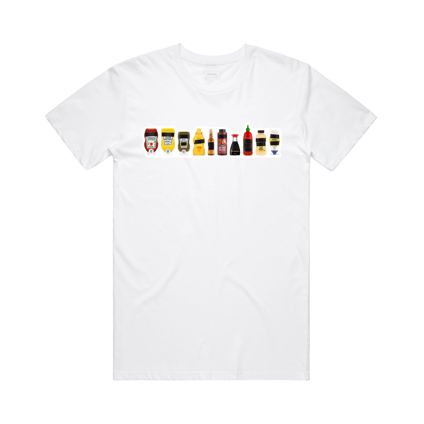 FPOTBD White unisex crew neck t-shirt with Censored Condiments 2.0 bottles DTG graphic on chest.