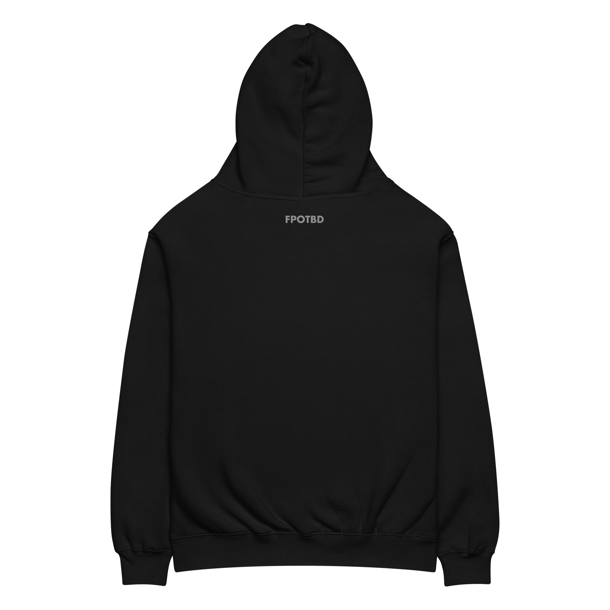 Black FPOTBD pullover hoodie with small FPOTBD logo print detail.