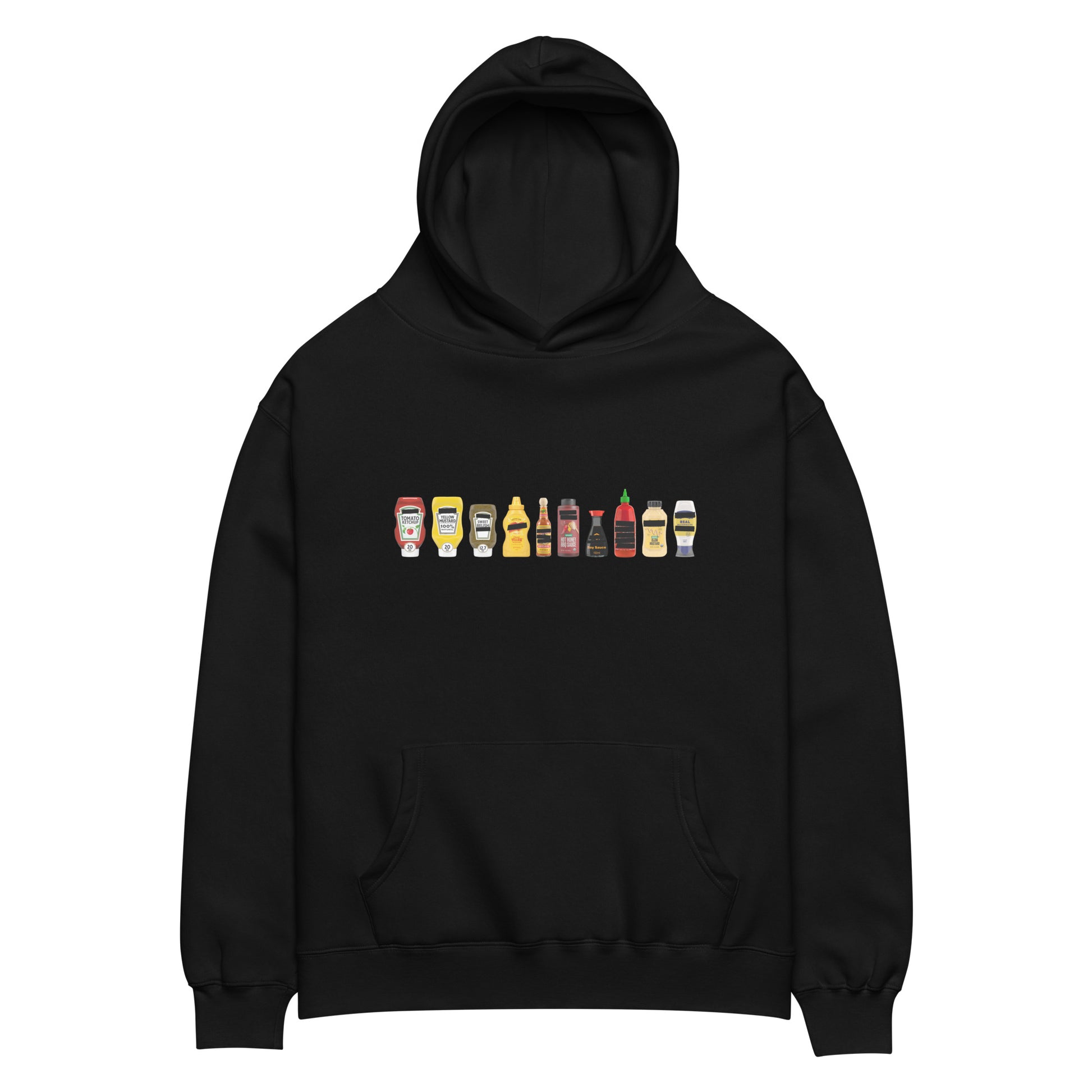 Black oversized pullover hoodie with Censored Condiments bottles graphic print on chest.