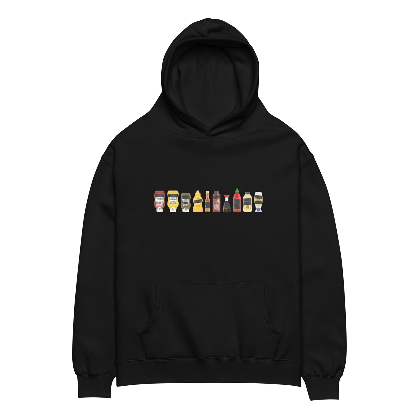 Black oversized FPOTBD pullover hoodie with Censored Condiments 1.0 bottles graphic print on chest.