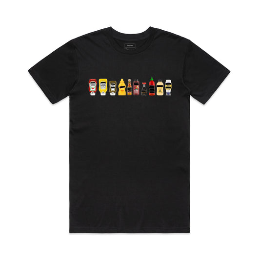 FPOTBD Black unisex crew neck t-shirt with Censored Condiments 1.0 bottles graphic on chest.
