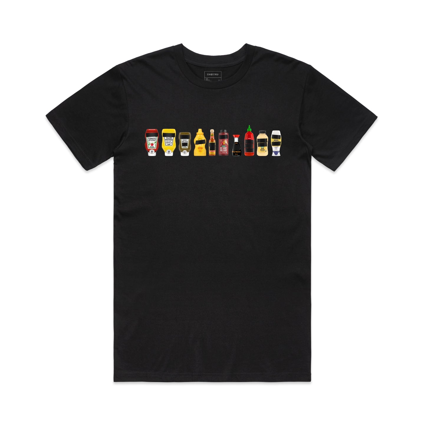 FPOTBD Black unisex crew neck t-shirt with Censored Condiments 1.0 bottles graphic on chest.