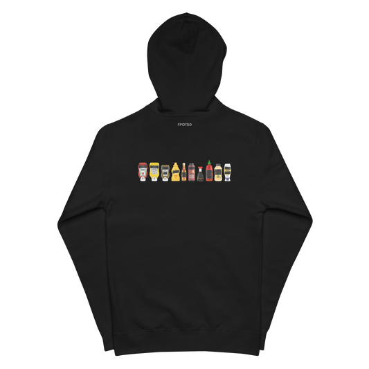 Back of Black FPOTBD zip hoodie laid flat showing full condiment bottles graphic and FPOTBD logo.