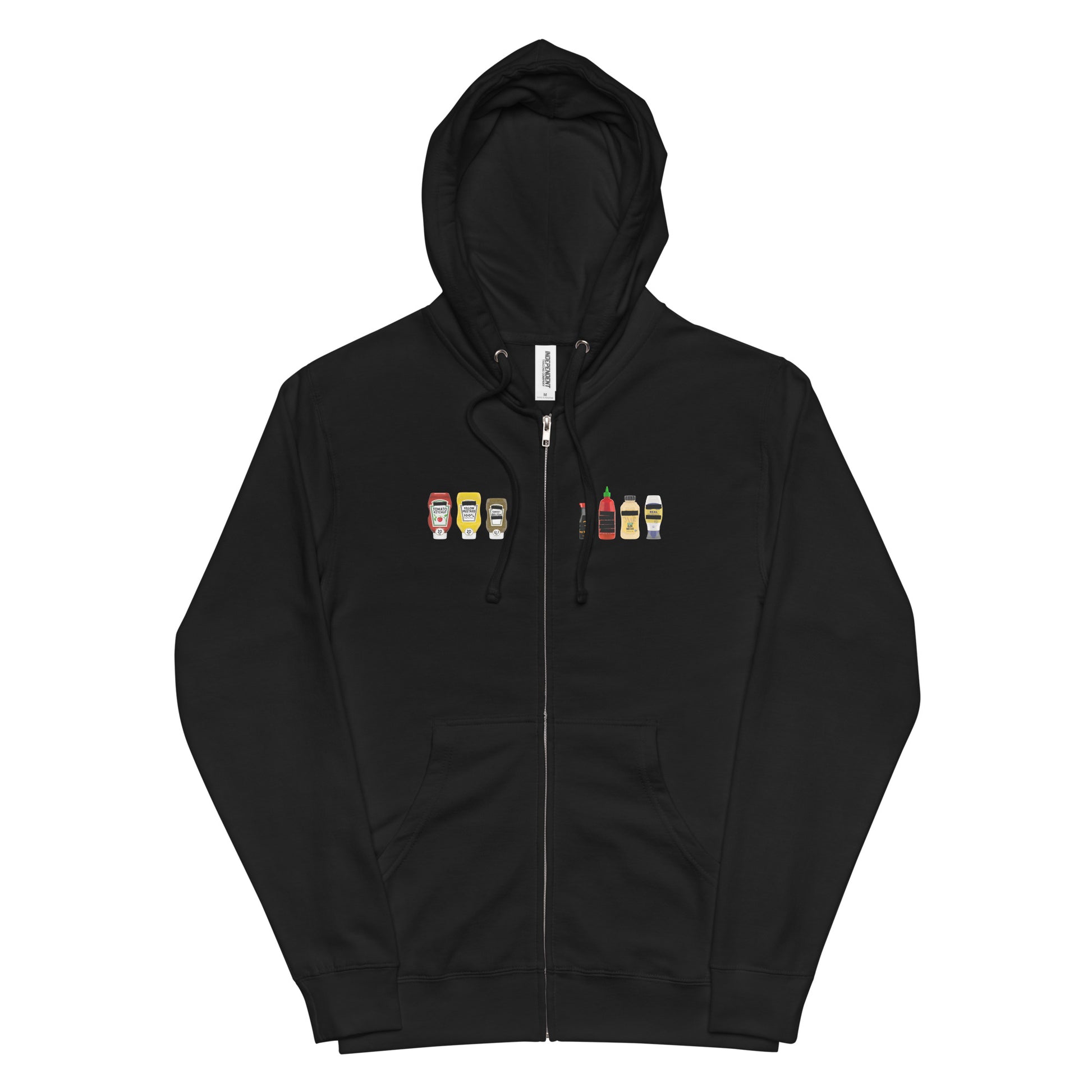Black FPOTBD Censored Condiments zip-up hoodie with condiment bottles graphic split across the front zipper.