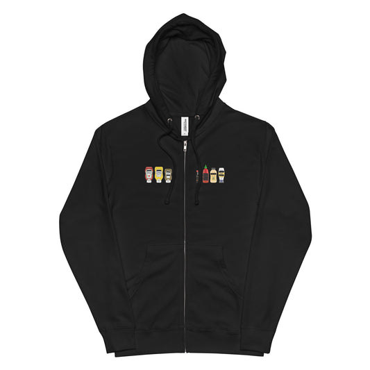 Black FPOTBD Censored Condiments zip-up hoodie with condiment bottles graphic split across the front zipper.