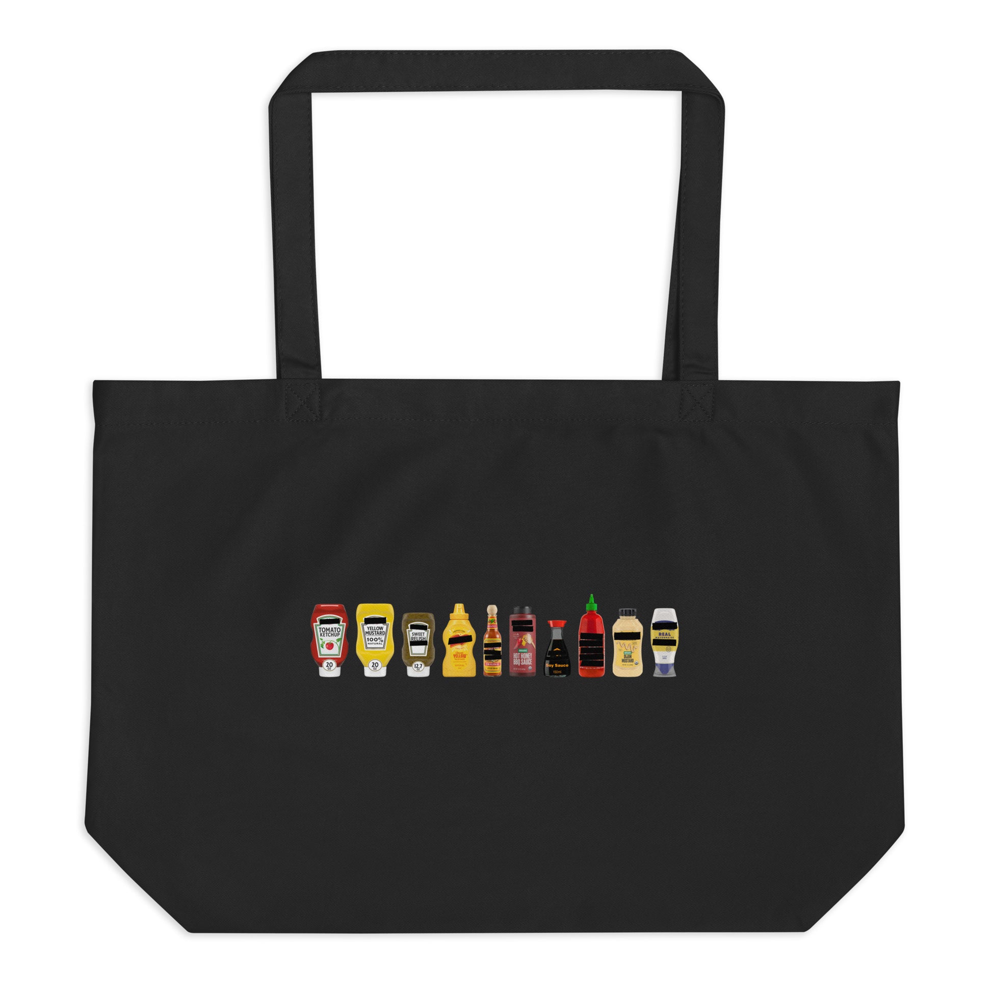 Black organic cotton tote bag with FPOTBD Censored Condiments bottles graphic print