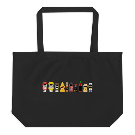 Black organic cotton tote bag with FPOTBD Censored Condiments bottles graphic print