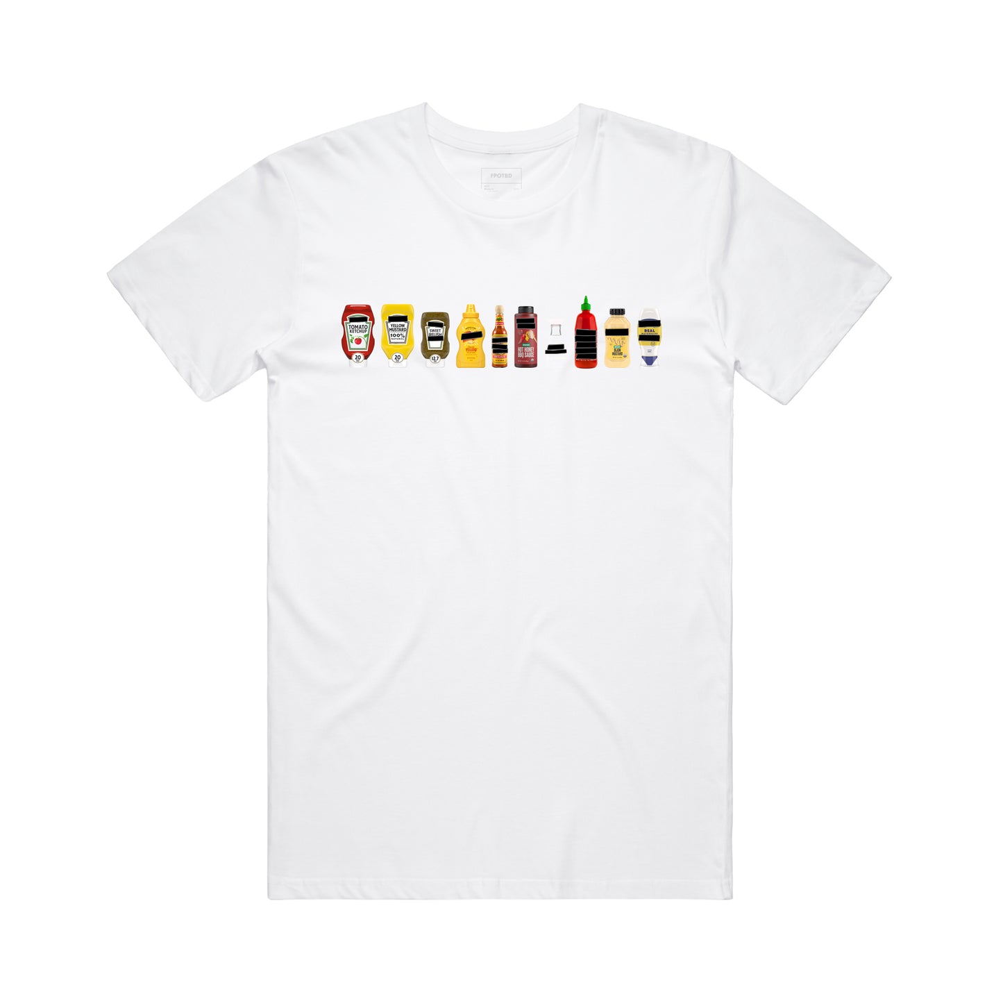 FPOTBD White unisex crew neck t-shirt with Censored Condiments 1.0 bottles graphic on chest.