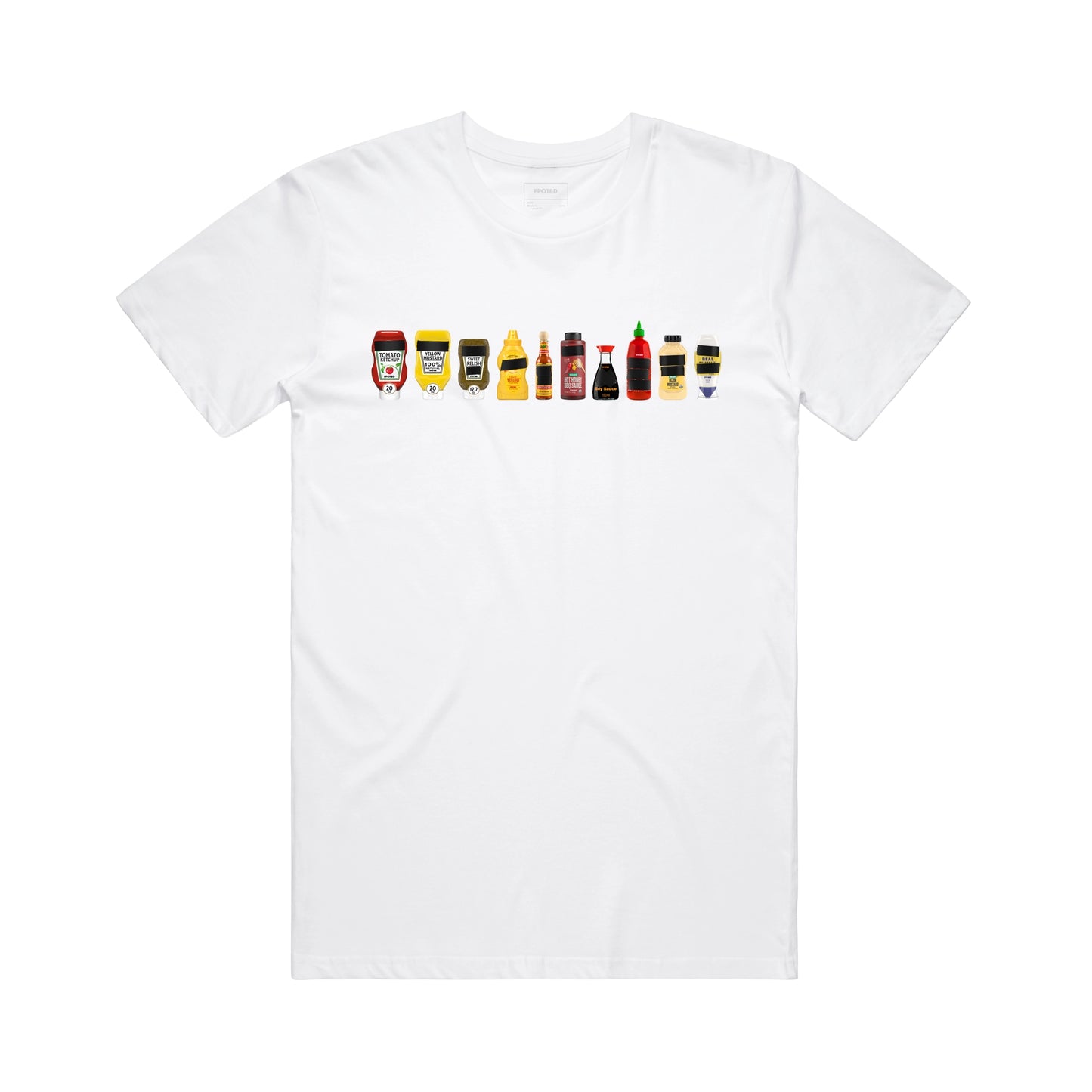 FPOTBD White unisex crew neck t-shirt with Censored Condiments 1.0 bottles graphic on chest.