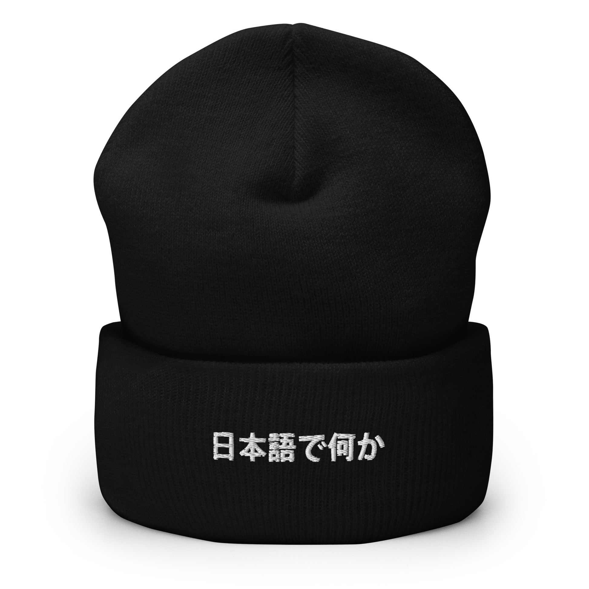 Front view of the FPOTBD Something in Japanese Embroidered Logo cuffed beanie in Black.