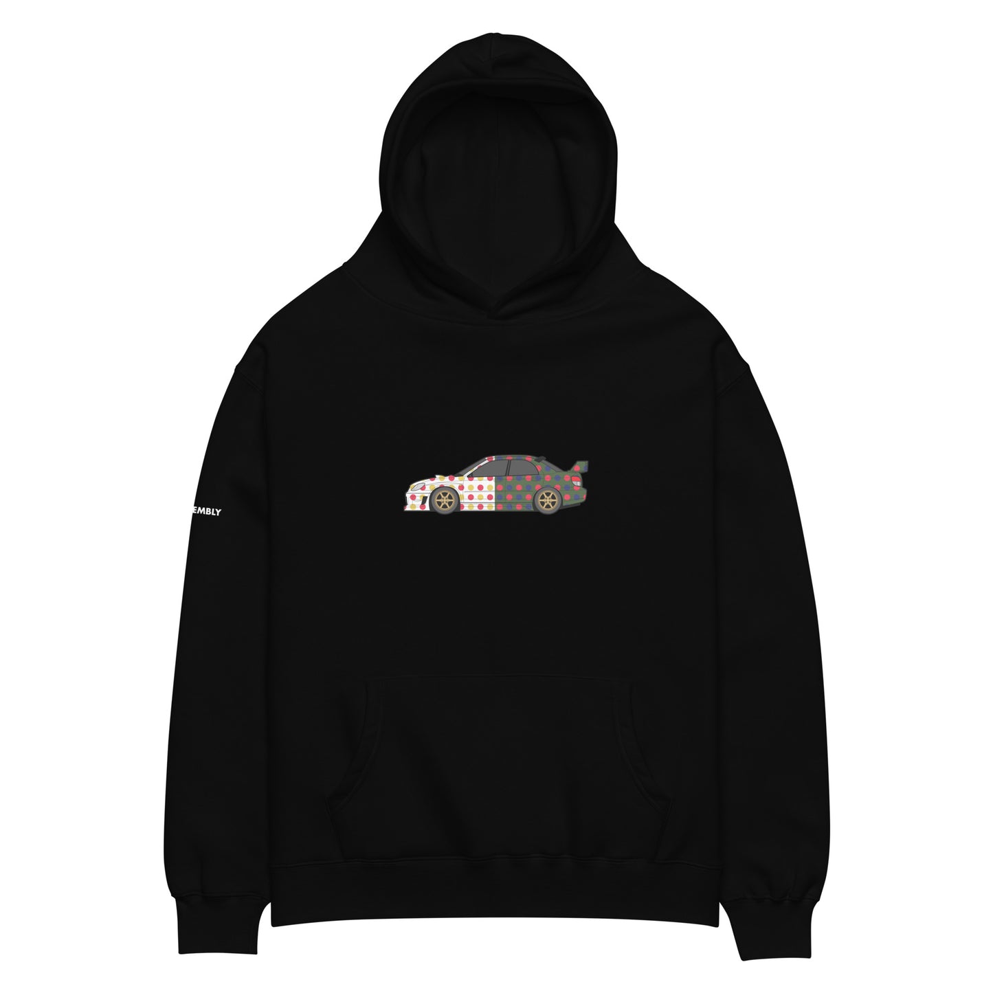 Front view of the FPOTBD WRX STI Assembly Ship livery pullover hoodie in Black.